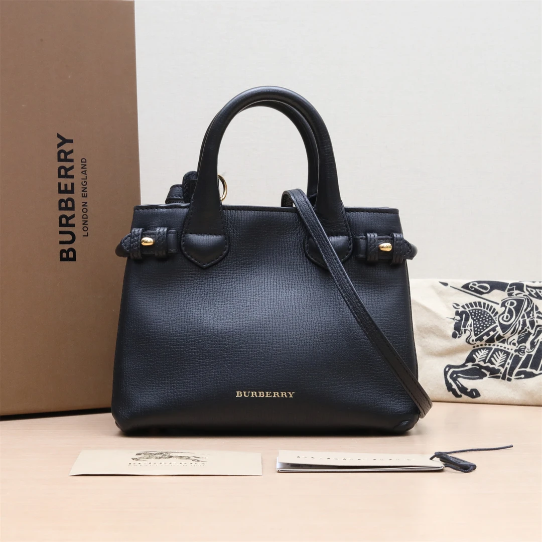 95新 BURBERRY/博柏利 班纳 手提单肩包 黑皮革C/帆布 P234966210