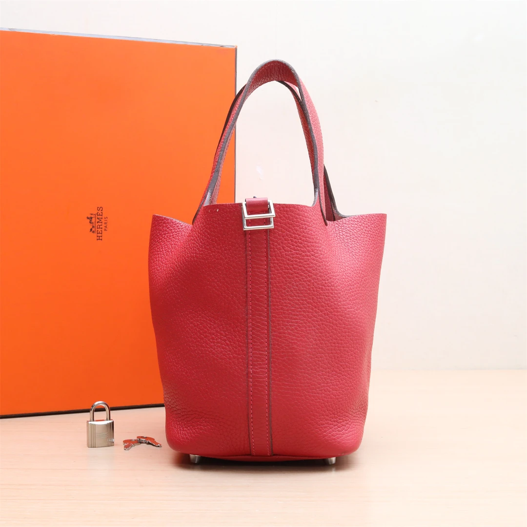 95新 Hermes/爱马仕 手提包 18 菜篮子 石榴红 TC皮 P234654917