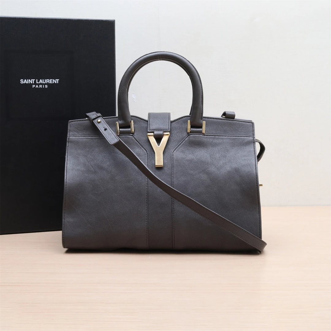 95新 YSL/圣罗兰 Y扣 CABAS 小号 30 棕色 皮革C 金扣P214770040
