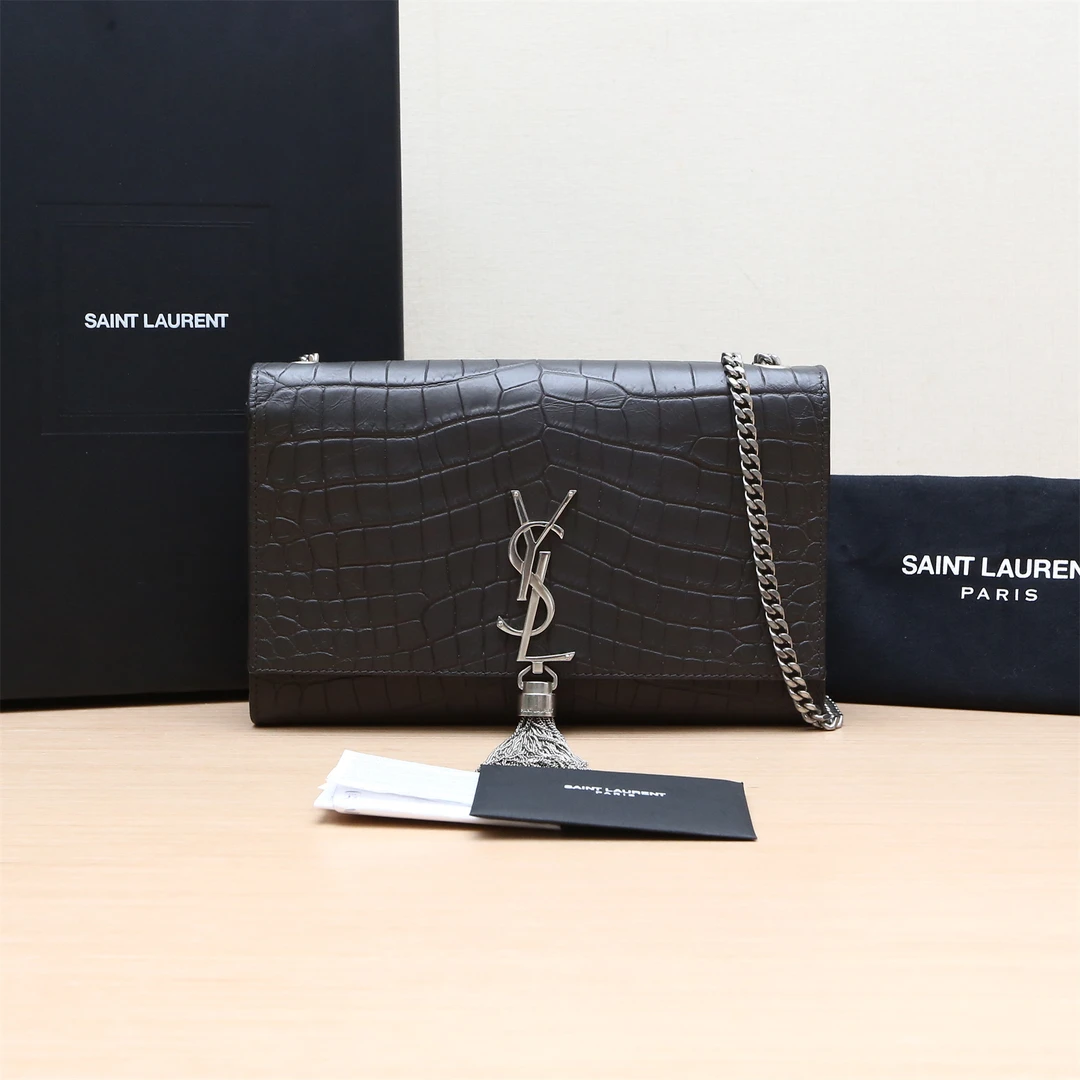 95新 YSL/圣罗兰 KATE包中号24鳄鱼压纹 黑P234246473