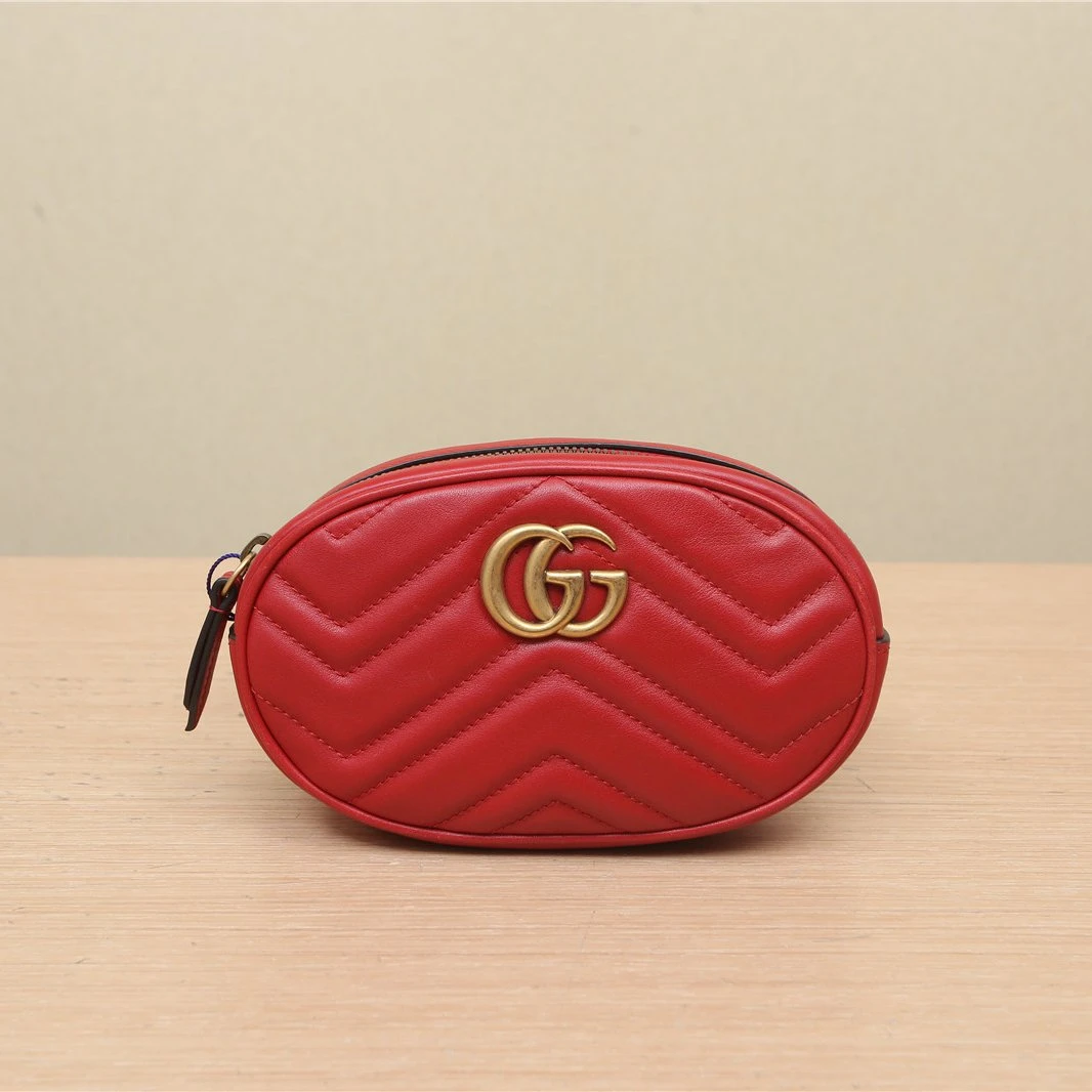 90新 GUCCI/古驰 活动 GG Marmont 腰包 红色 皮革C P202116906