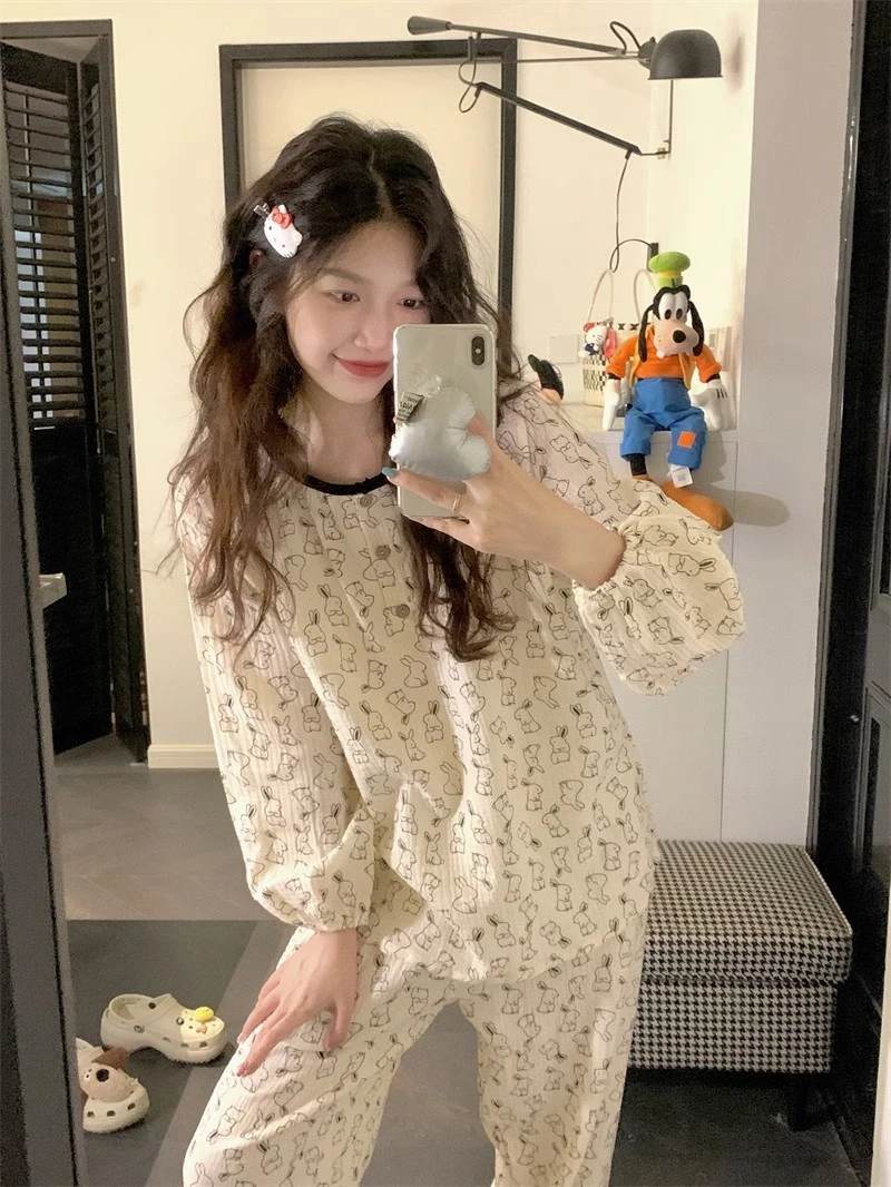 网红爆款可爱兔子印花长袖长裤睡衣女春秋韩版ins甜美宽松家居服