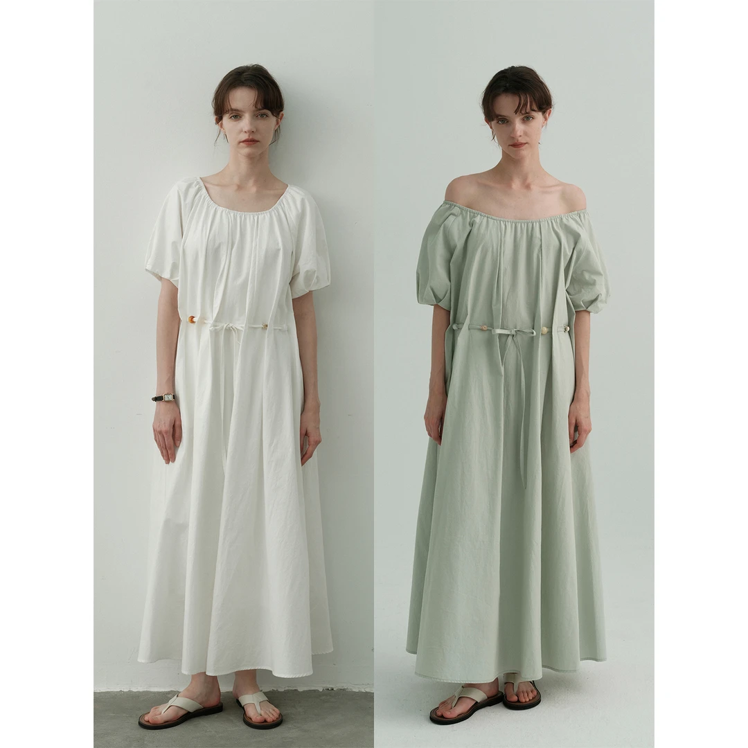 SONDERS古法长绒棉麻混纺抽褶串珠腰链A字连衣裙