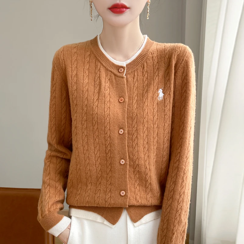 早秋新款刺绣假两件螺纹麻花针织开衫圆领宽松百搭毛衣外套针织衫