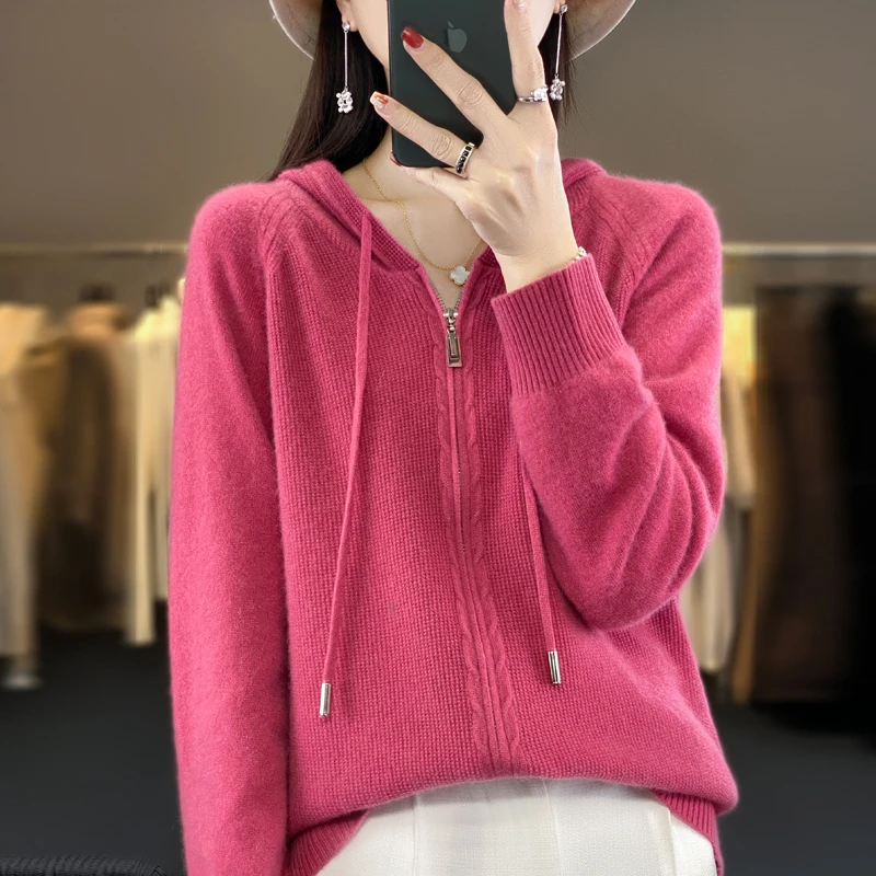 秋冬季新款双拉链连帽开衫女宽松长袖显瘦针织衫外穿毛衣外套