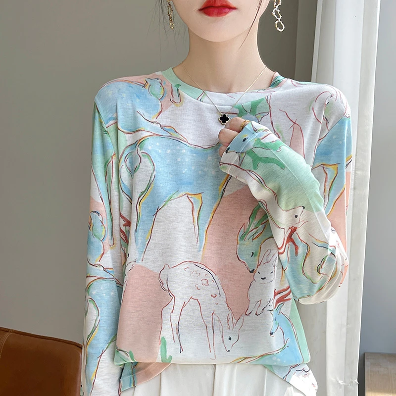 新款天丝印染圆领t恤女超细羊毛防晒罩衫涂鸦长袖空调衫针织上衣