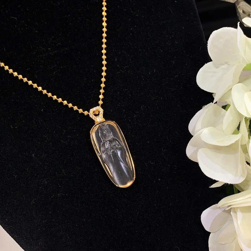 S925银镶嵌小众玉石时尚气质挂件天然石英质玉自在观音石牌吊坠