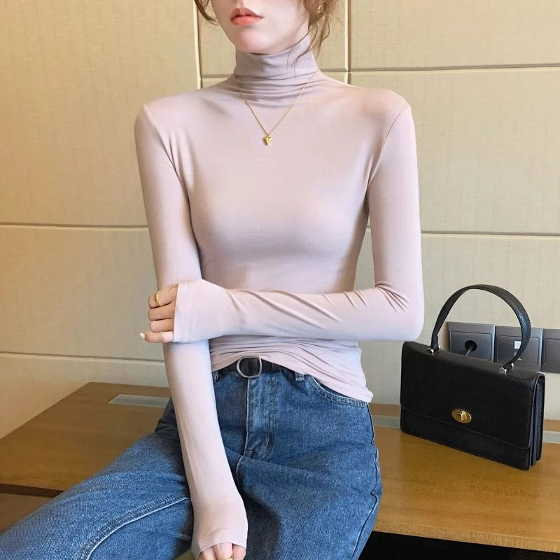 HTKD粉色莫代尔长袖高领打底衫女内搭春秋冬2025新款洋气紧身堆领