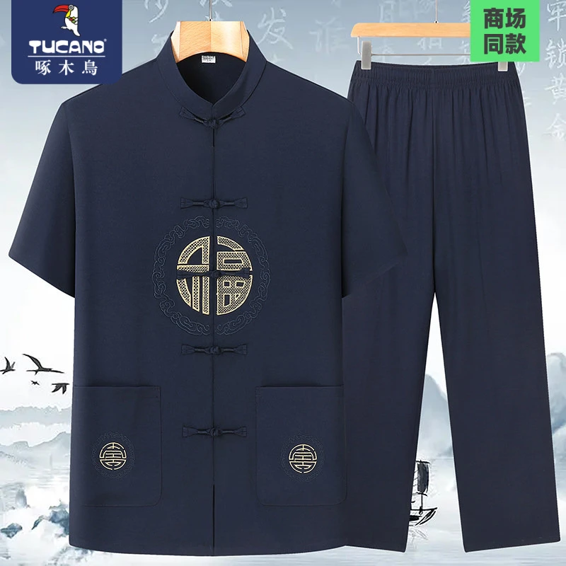 啄木鸟唐装男款高端货中国风夏季中老年人男士唐装汉服套装爸爸装