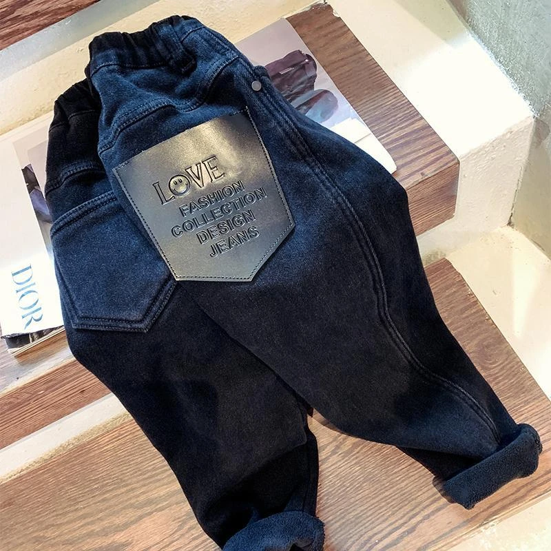 男童裤子秋冬款2023新款儿童加绒加厚牛仔裤中大童韩版洋气工装裤