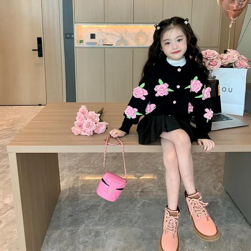 新款儿童毛衣针织衫春秋季新款开衫加厚洋气儿童外套针织衫花朵