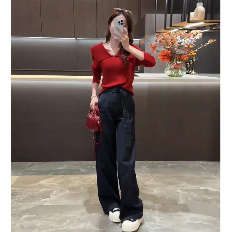 一整套入秋穿搭2024新款高级感翻领显瘦针织衫牛仔阔腿裤两件套女