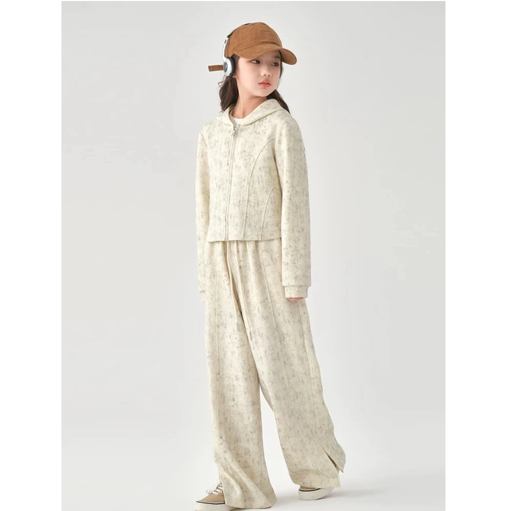 2024新款女童春秋新面料套装休闲洋气卫衣直筒开叉裤两件套