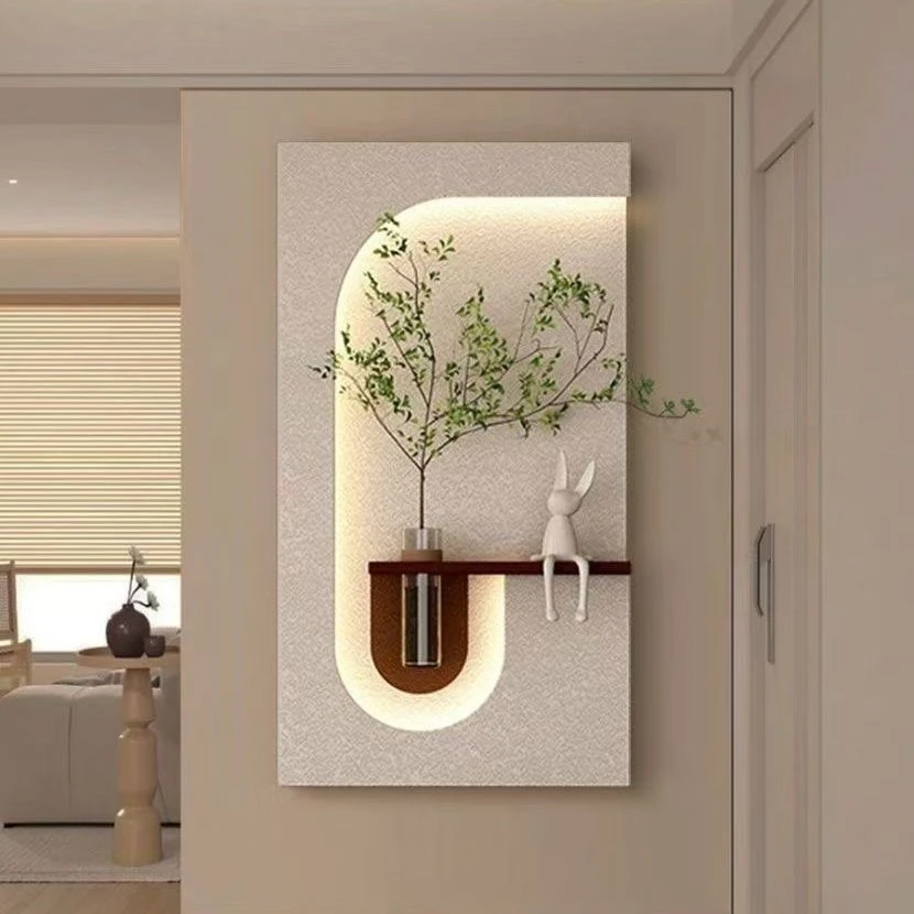 新款创意水培植物过道玄关砂岩画奶油风客厅餐厅绿植灯光装饰画