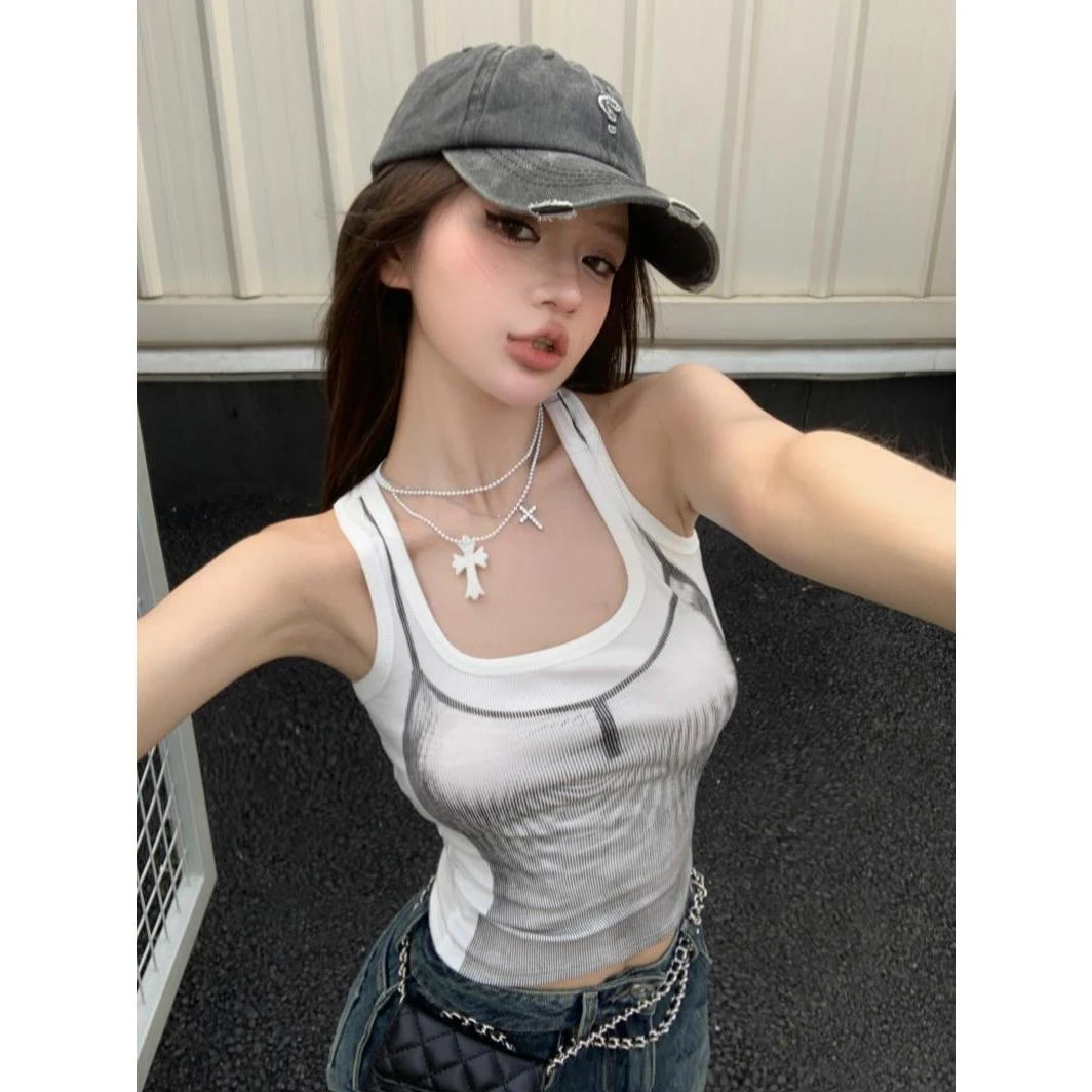 夏季百搭气质内搭印花吊带背心夏季美式复古修身显瘦短款上衣女