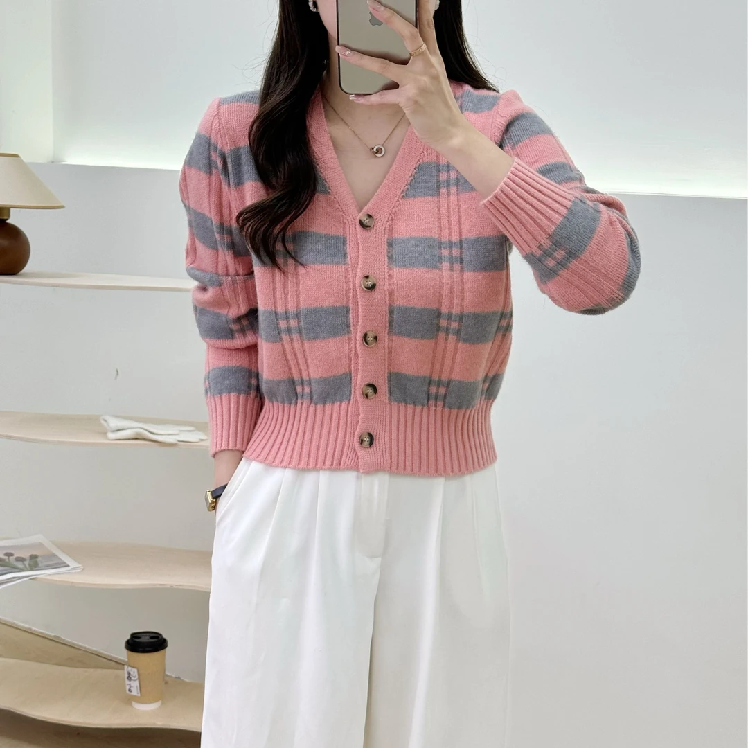 793#小香风开衫时尚百搭条纹v领长袖针织衫显瘦860