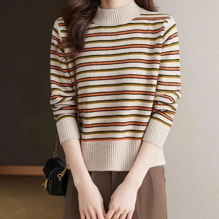 891#秋冬条纹长袖针织衫半高领套头5 86