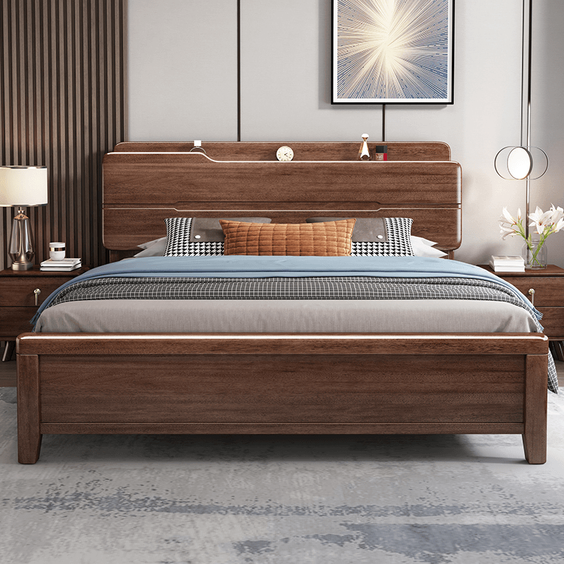胡桃木实木床1.8米现代简约双人床大床1.5米高箱储物主卧婚床家具