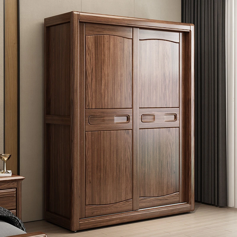 胡桃木实木衣柜现代简约推拉门大衣柜家用主卧实木滑移门衣橱家具