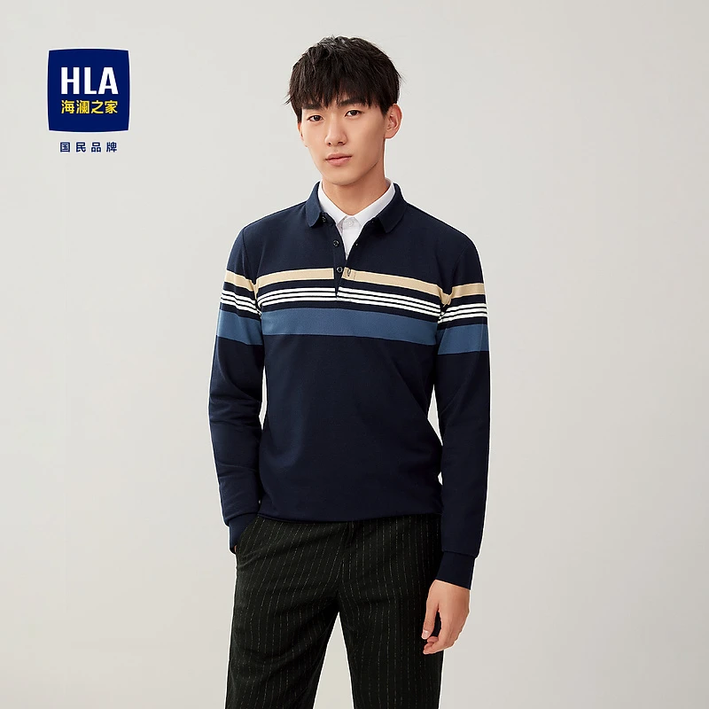【撞色条纹】HLA海澜之家长袖POLO衫男大方微弹套头衫HNTPD3D308A