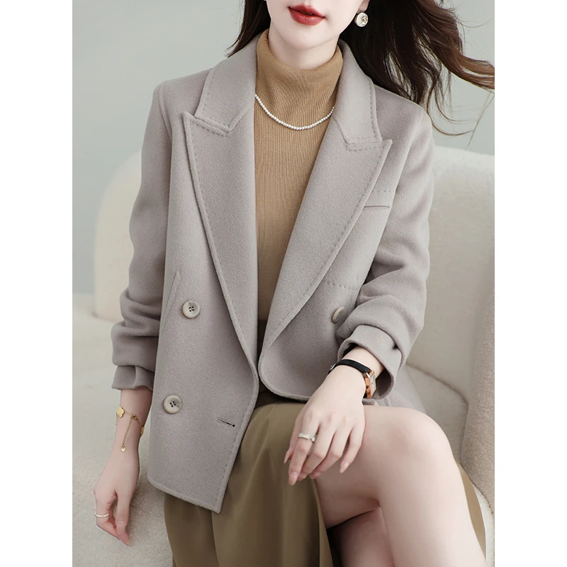 西装领大衣女短款2024新款秋小个子西装领高端双面呢羊毛毛呢外套