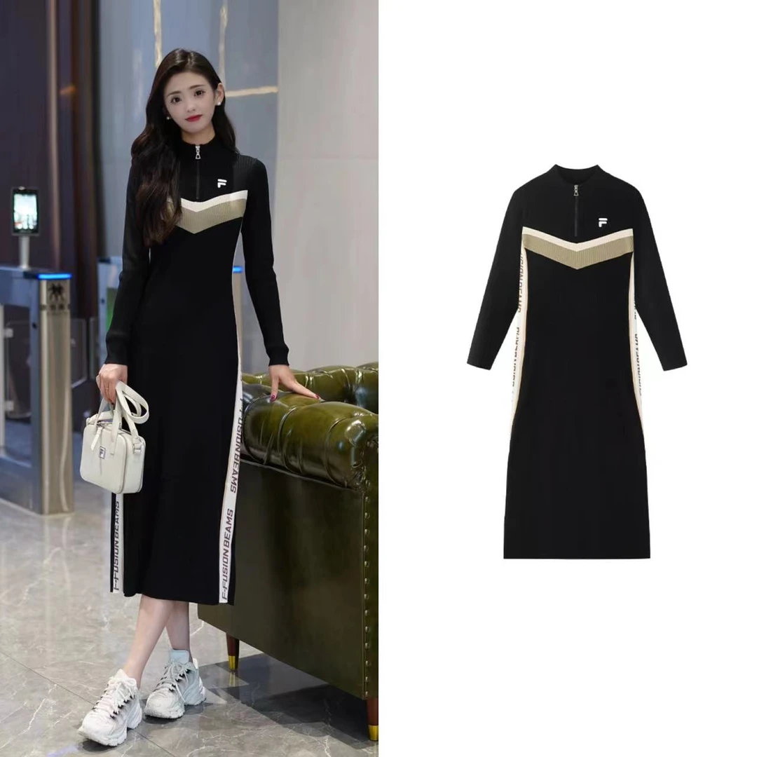 Fila/斐乐女款早秋气质开叉长款长袖连衣裙时尚优雅轻奢女士裙子
