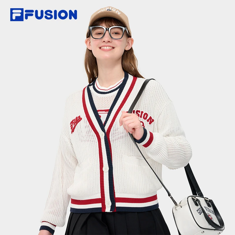 Fila/斐乐时尚复古针织外套女装刺绣圆领秋冬毛衫撞色开衫 雅丹风