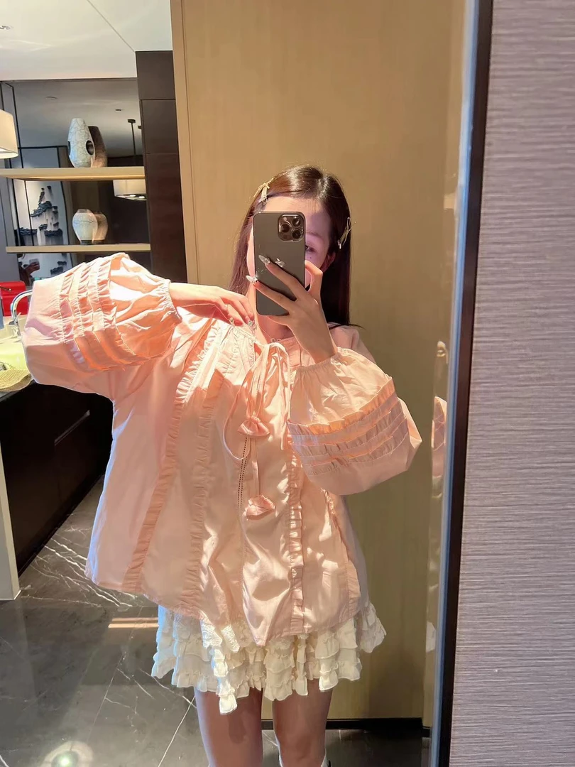 xxxwxz王希之  粉色系带气质荷叶边灯笼袖宽松显瘦衬衫#Z636