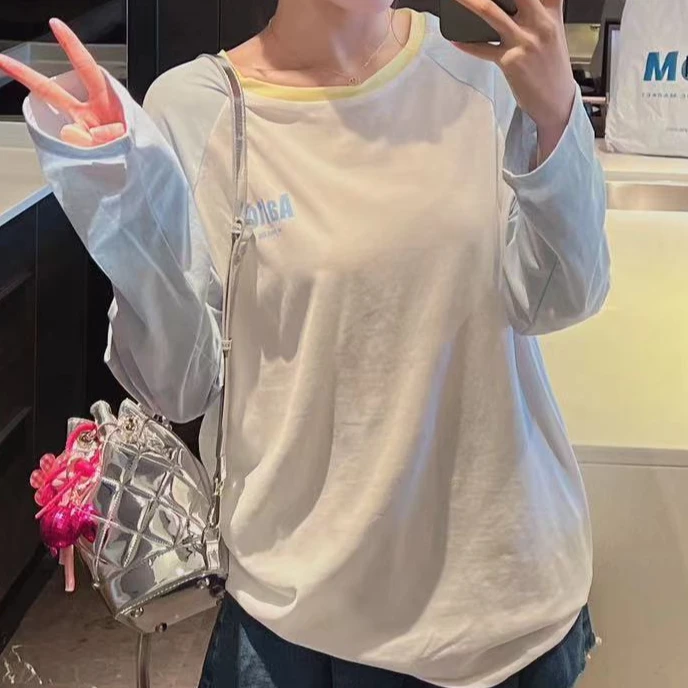 xxxwxz王希之  撞色拼接薄款长袖插肩袖T恤宽松百搭字母印花#z284