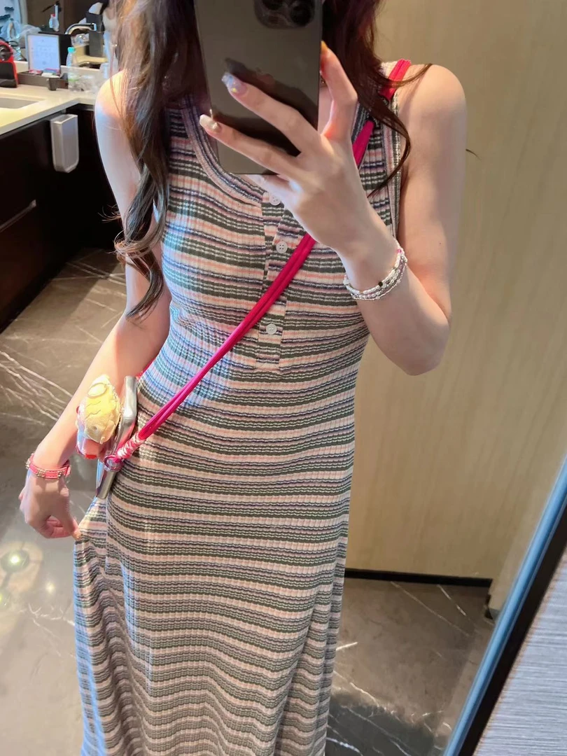 【流浪丹宁】条纹纽扣显瘦超薄弹力背心裙#12716