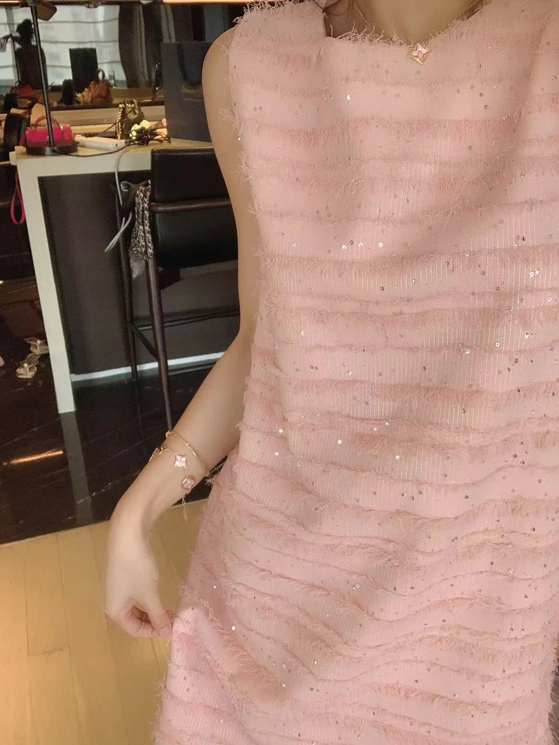 粉色香风毛须须闪闪连衣裙#12681