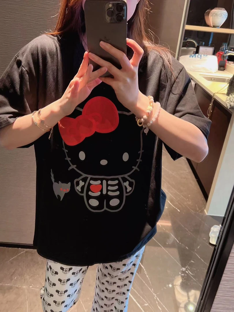 xxxwxz王希之  红色蝴蝶结猫咪印花百搭套头短袖T恤上衣女#Z783