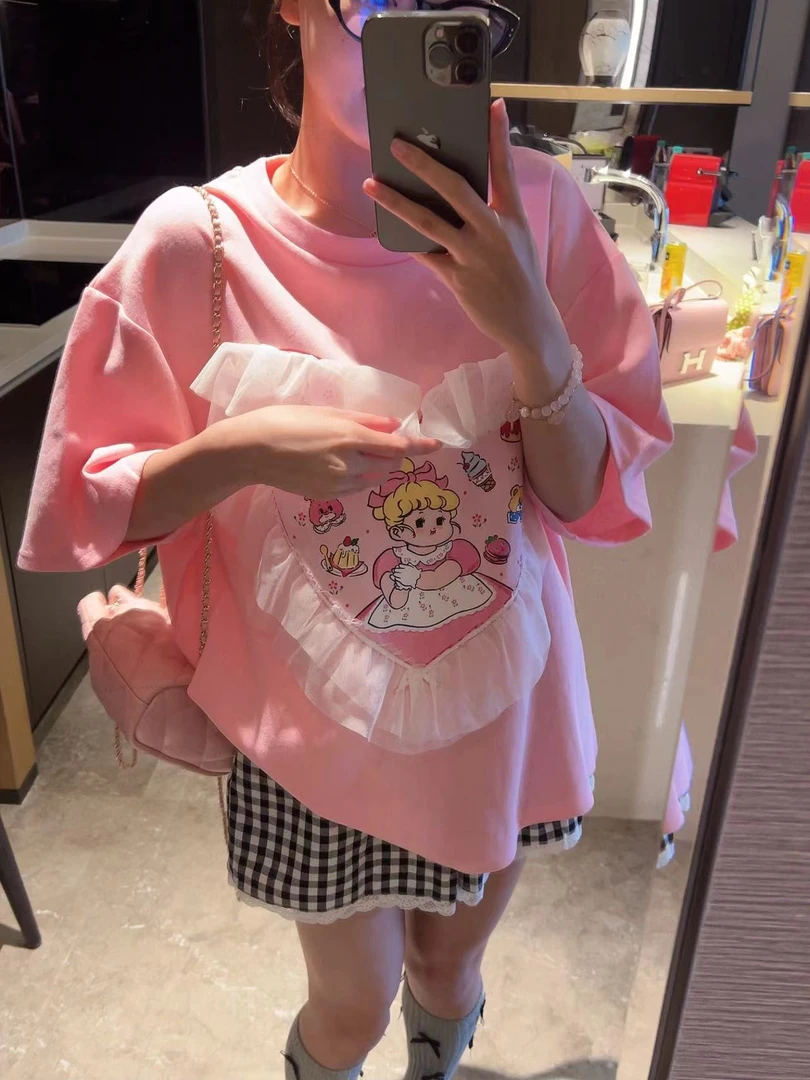 xxxwxz王希之  金发公主~圆领宽松蕾丝拼接粉色正肩短袖T恤#Z213