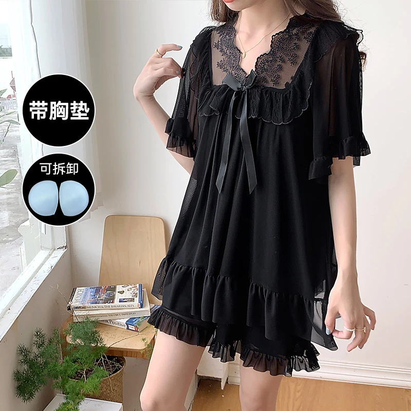 【带胸垫】夏季宫廷纯欲风睡衣女蕾丝甜美性感家居服可外穿套装