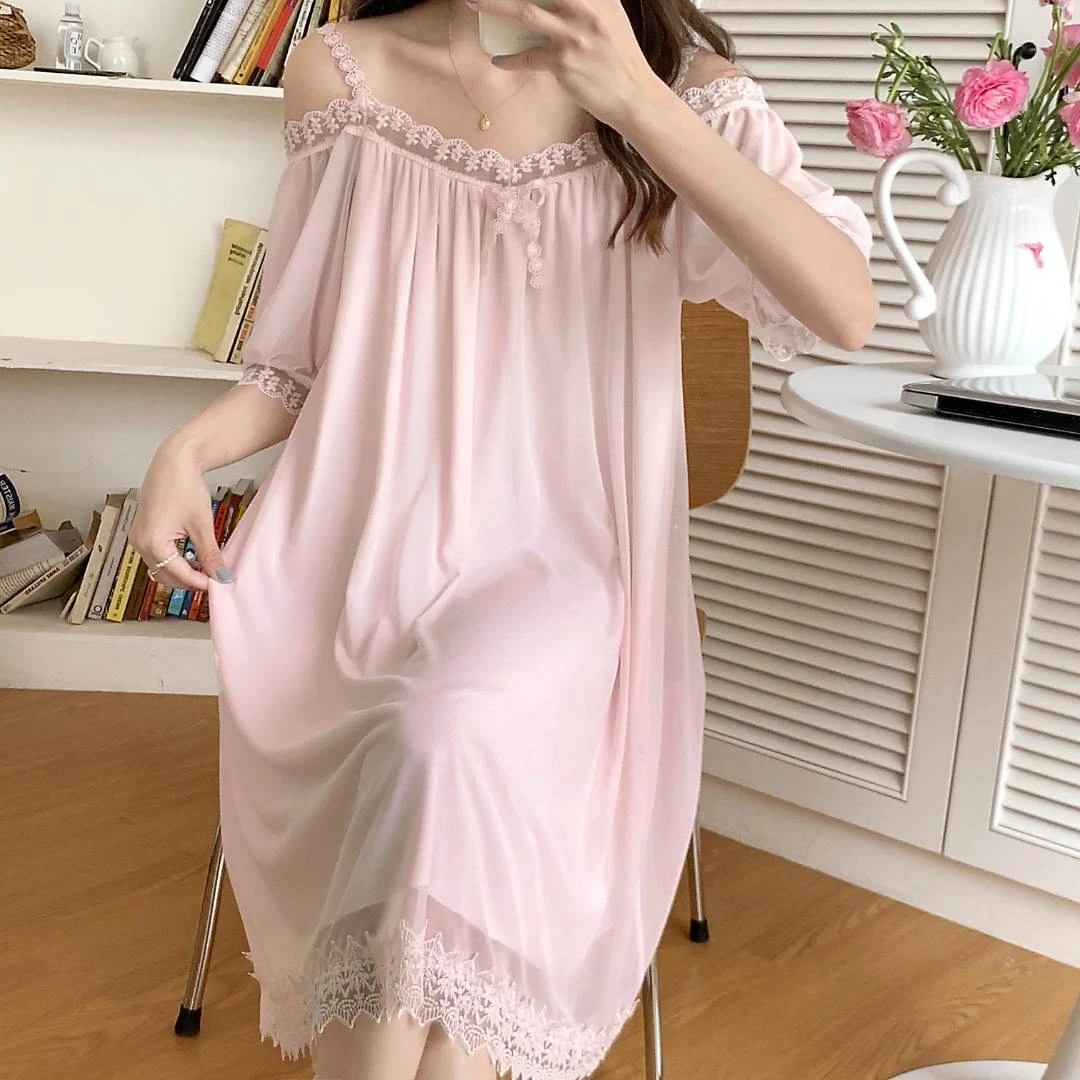 吊带漏肩睡裙女夏季性感短袖薄款公主风可爱甜美纯欲宫廷家居服
