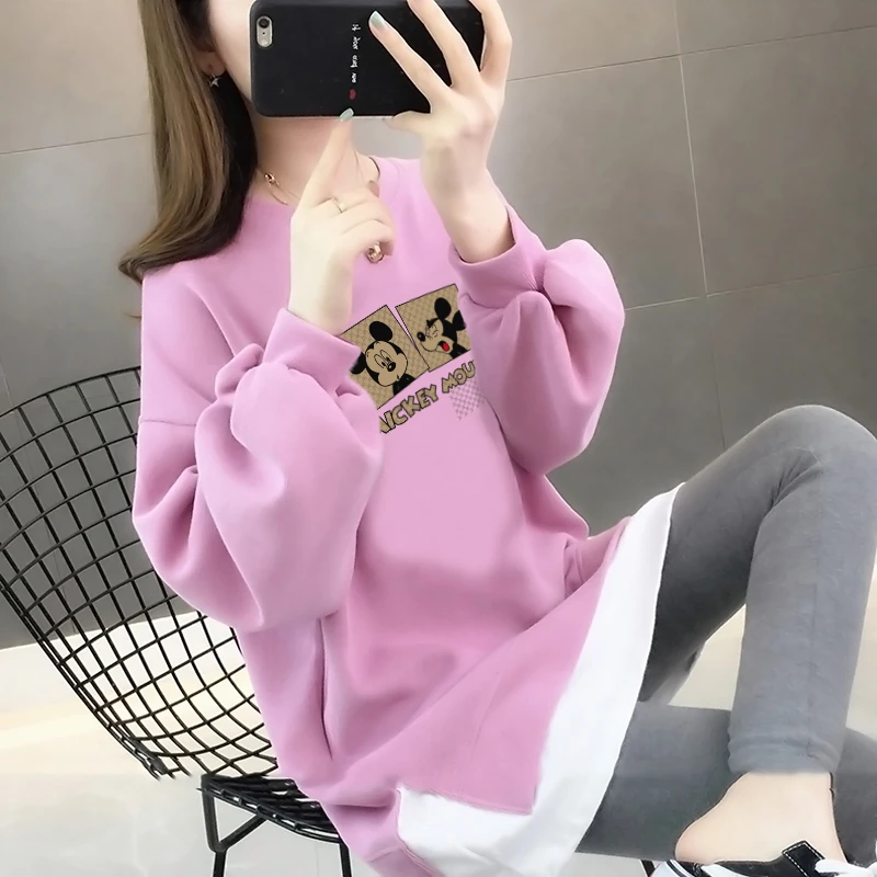 宽松中长款假两件卫衣上衣春秋百搭女士春秋卫衣卫衣女 无帽时尚