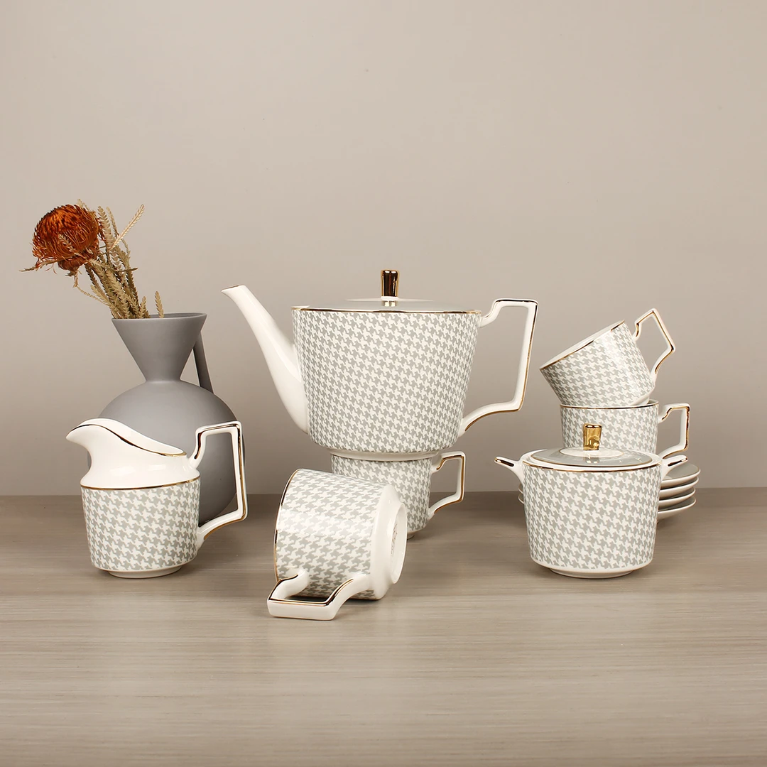 千鸟格灰下午茶套装咖啡具套装陶瓷杯碟创意轻奢欧式壶950ml