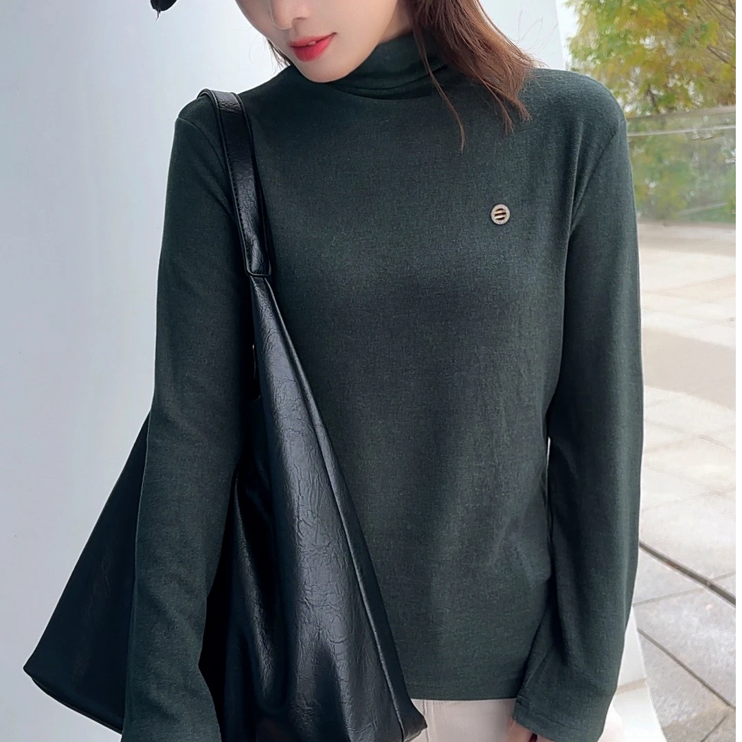 2025春季新款时尚百搭半高领韩版纯色德绒打底衫修身显瘦长袖内搭