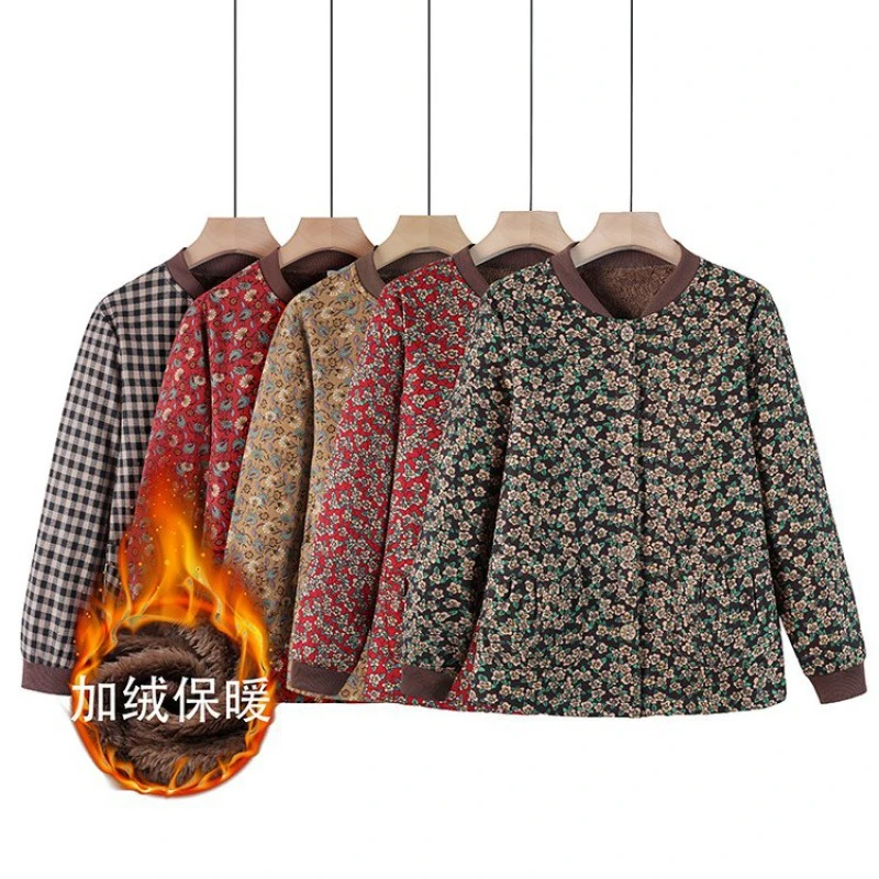 中老年妈妈秋冬居家小大码奶奶休闲夹克衫外套女老太太加绒长袖衫