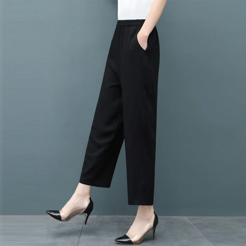 小个子八分裤女士夏季薄款大码高腰直筒休息裤中老年妈妈棉绸裤子