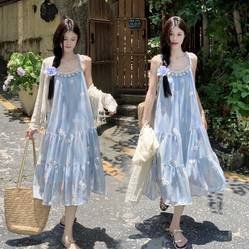 孕妇装夏季连衣裙度假风贝壳海星吊带裙流苏镂空防晒衫套装两件套