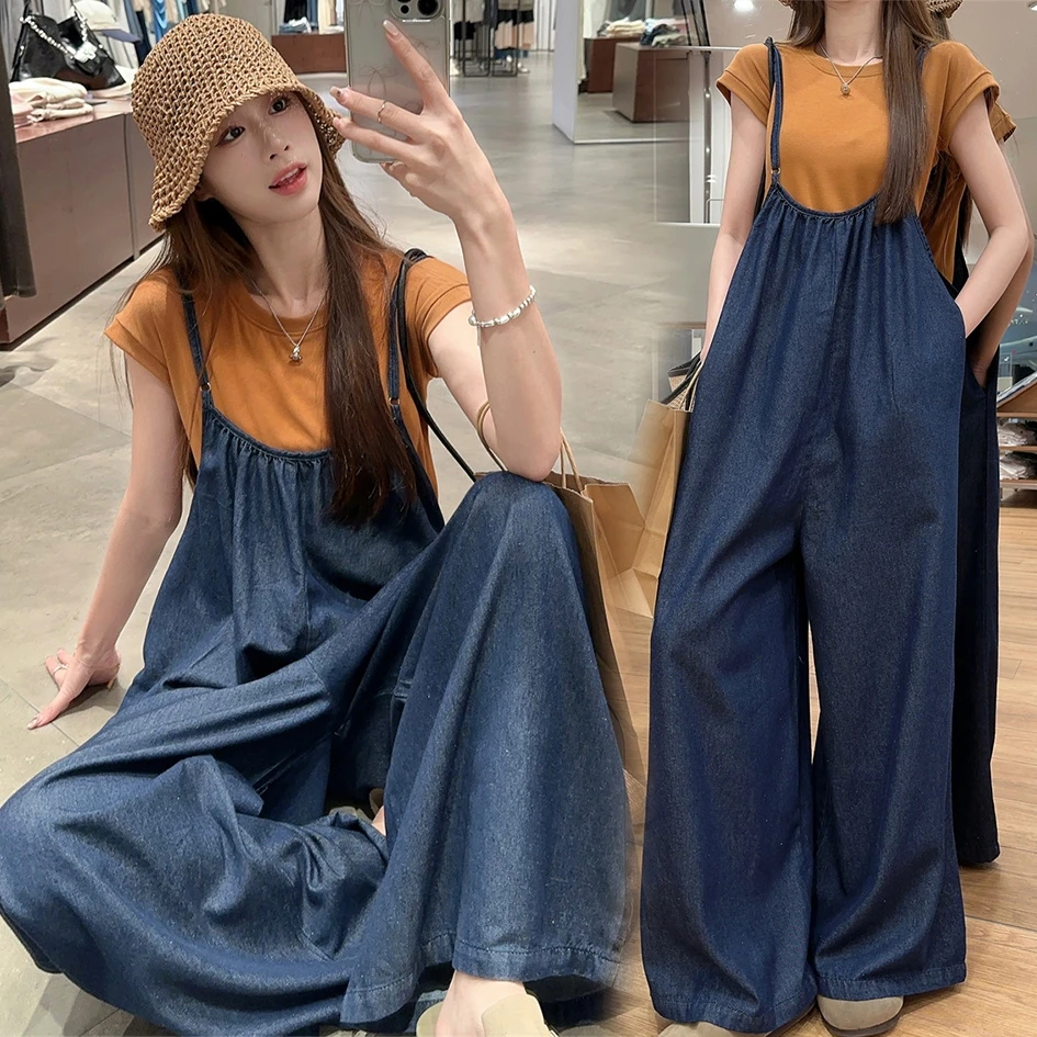 洋气孕妇装夏季套装宽松短袖T恤+宽松牛仔背带阔腿裤休闲孕期女装