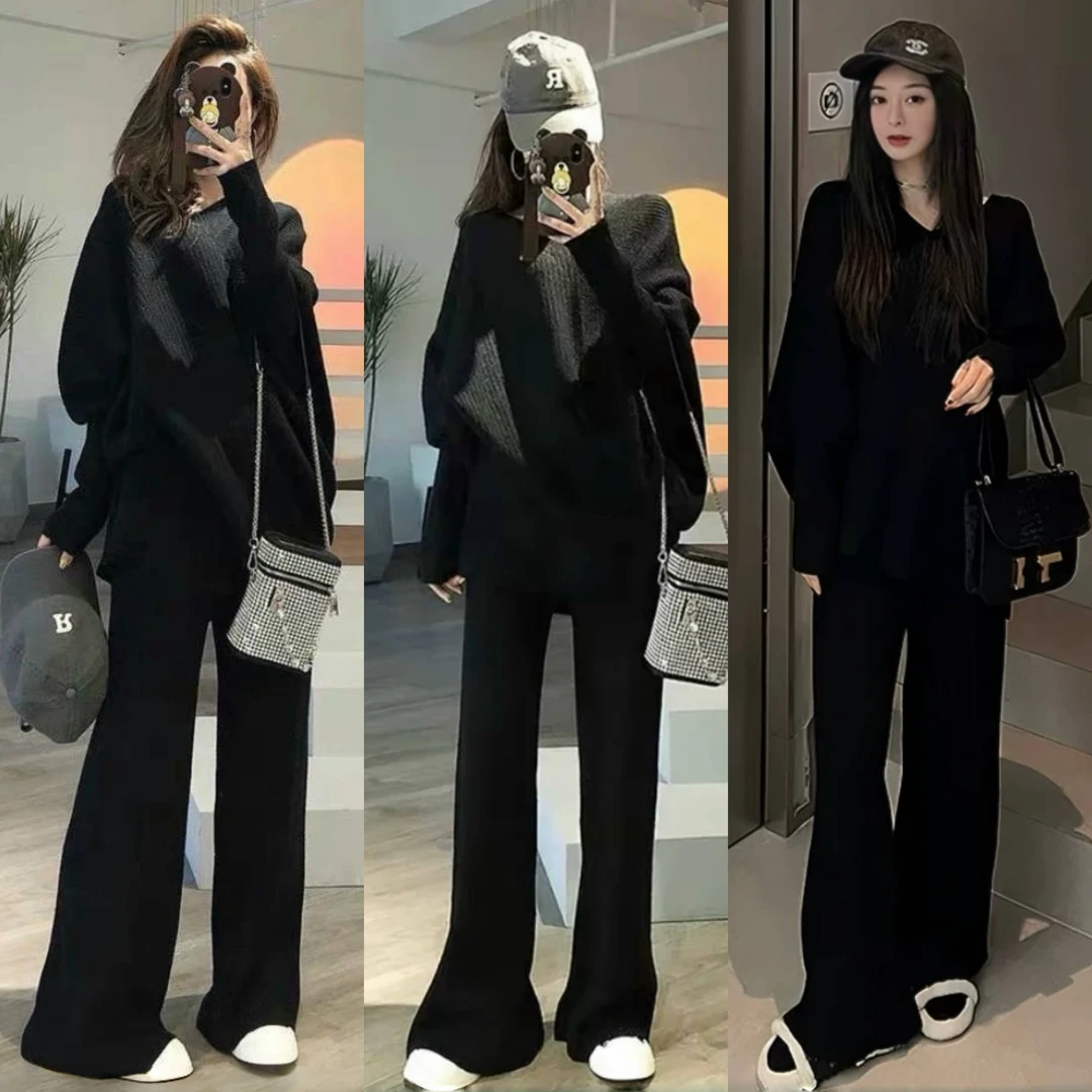 孕妇套装早秋新款网红个性蝙蝠袖针织衫毛衣阔腿裤休闲春秋两件套