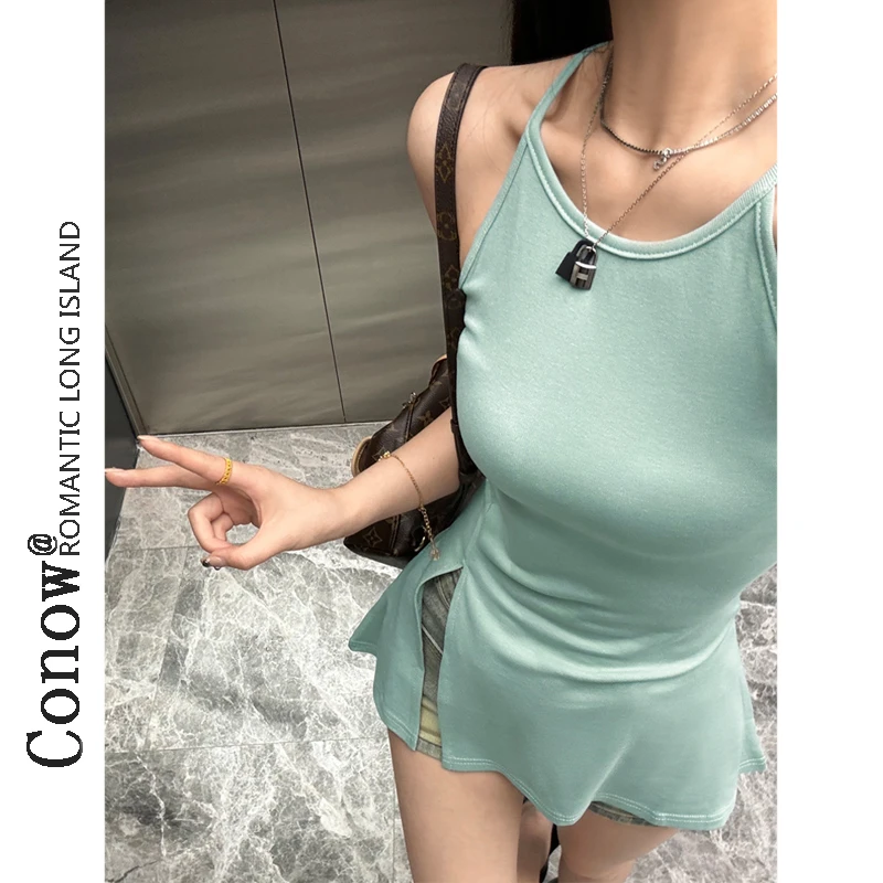背心女夏季外穿豆绿色纯欲风设计感洋气开叉辣妹修身无袖上衣