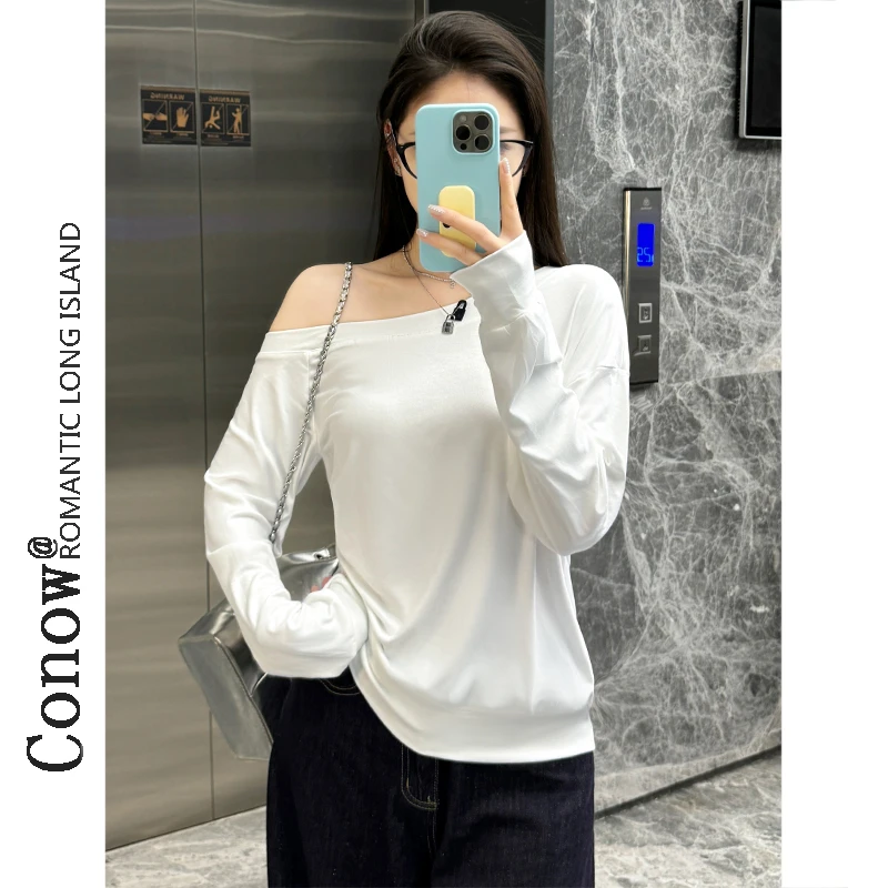 美式复古不规则斜肩长袖T恤女春秋季新款宽松露单肩辣妹上衣