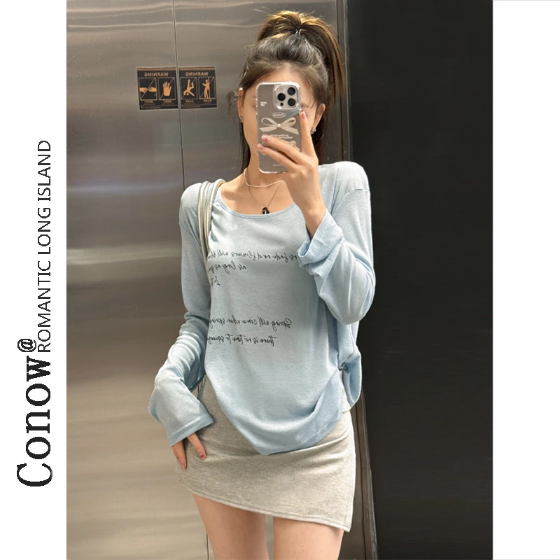 T恤女夏季慵懒风薄款印花微透罩衫休闲宽松大领口长袖ins上衣