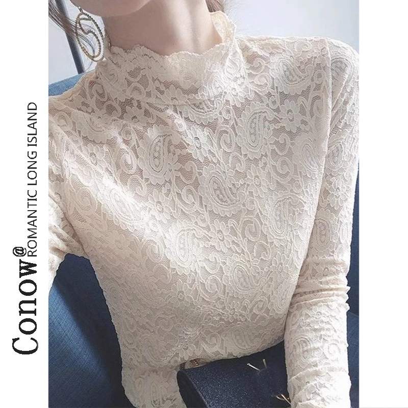 蕾丝打底衫女春秋新款镂空漂亮小衫欧货洋气法式内搭网纱上衣
