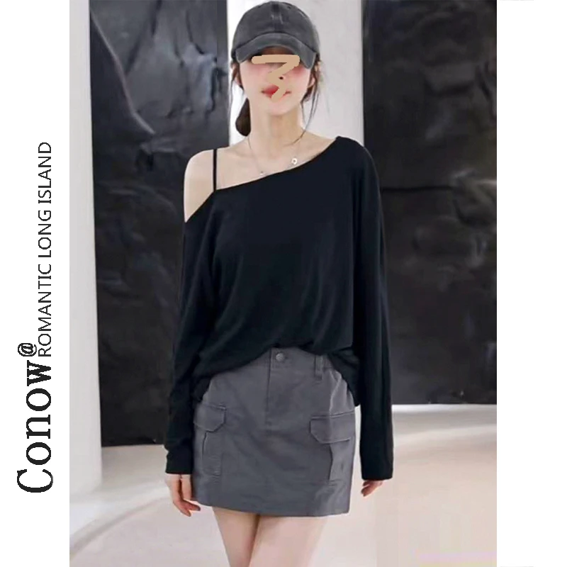 春秋款慵懒风宽松显廋长袖T恤女时尚不规则辣妹纯欲斜肩上衣