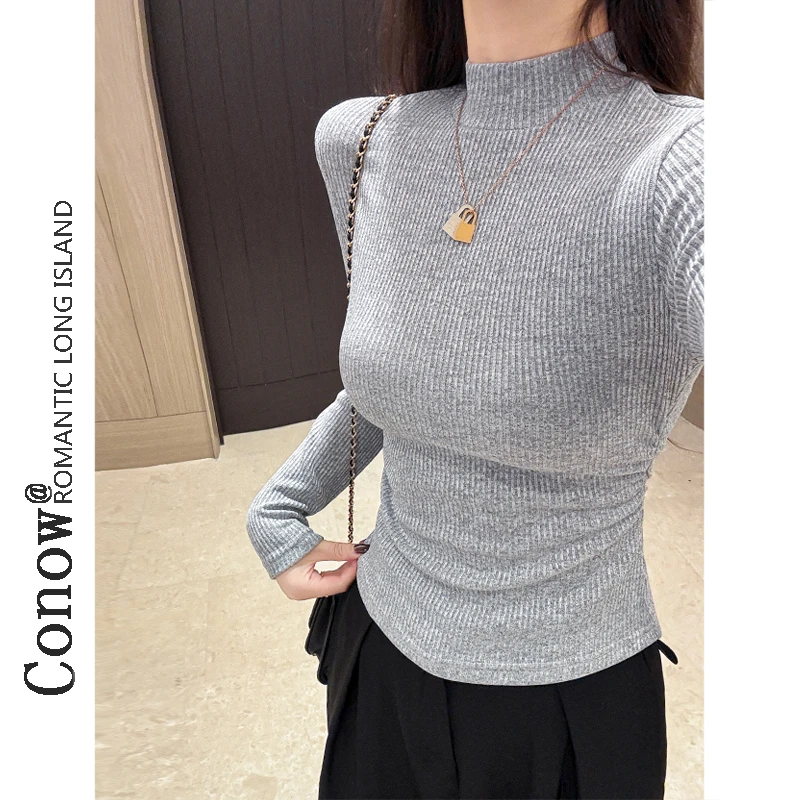 设计感抽褶显瘦长袖t恤女秋冬新款半高领修身加绒内搭打底衫