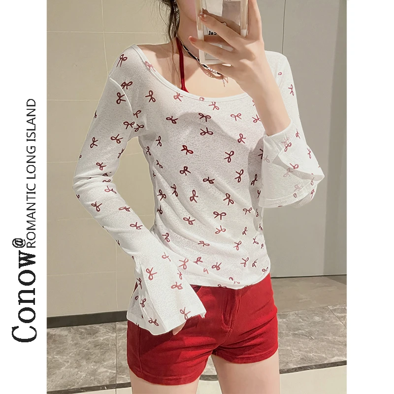 纯欲U领T恤女夏季辣妹薄款喇叭袖修身显瘦时尚蝴蝶结微透罩衫